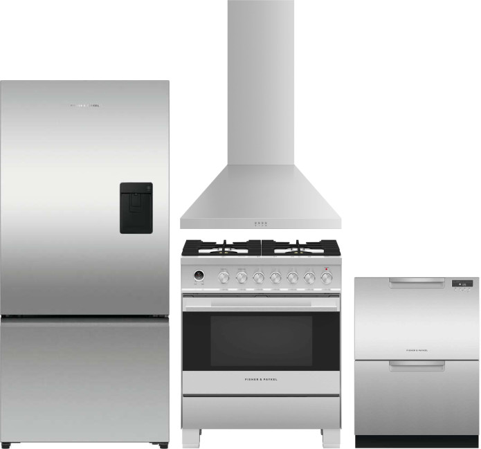Fisher & Paykel 4 Piece Kitchen Appliances Package with Bottom Freezer Refrigerator, Dual Fuel Range and Dishwasher in Stainless Steel FPRERADWRH