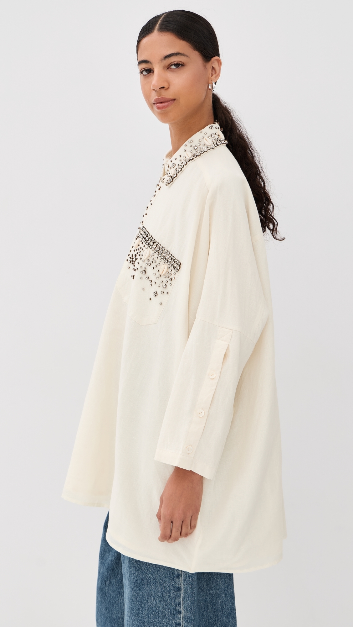 Cowrie Shell Jeweled Boyfriend Shirt White One Size