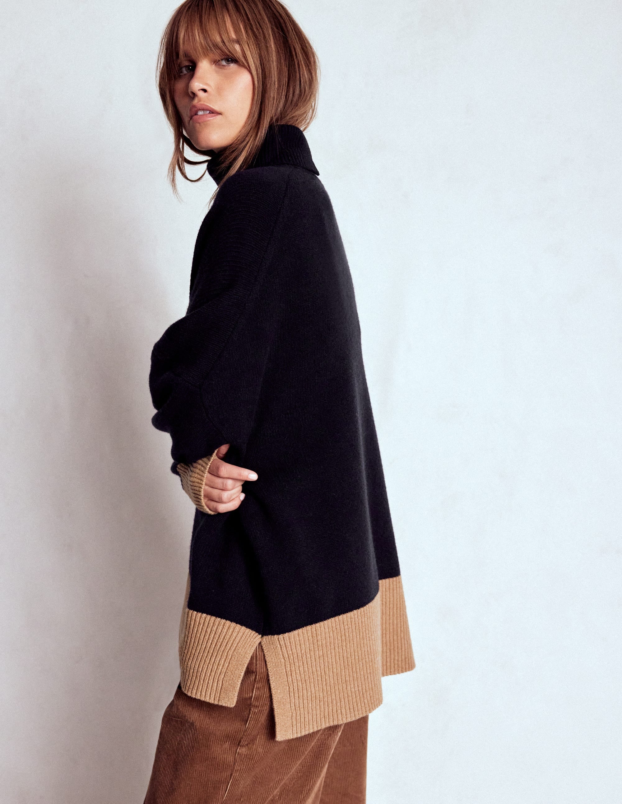 Polly Merino Roll Neck Sweater Navy, Warm Taupe Colour Block
