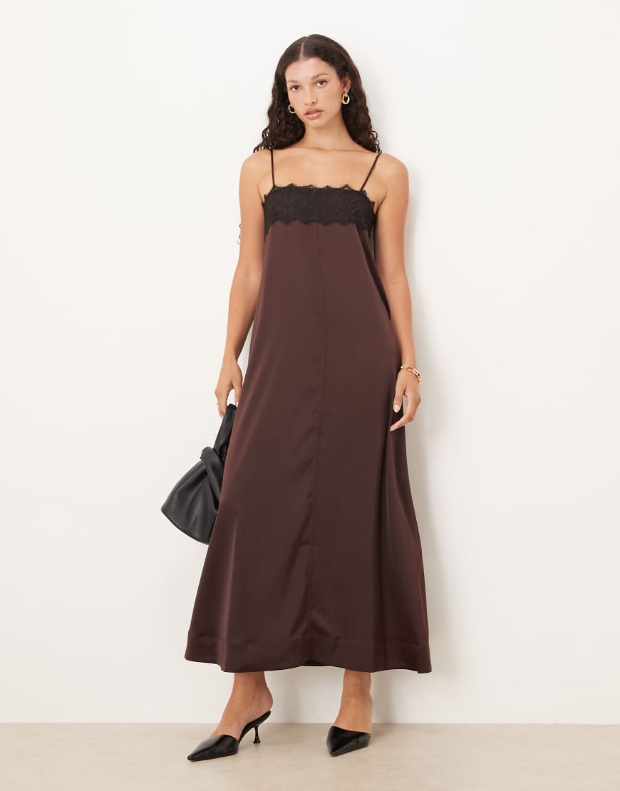 Lace overlay cami satin slip maxi dress in chocolate-Brown