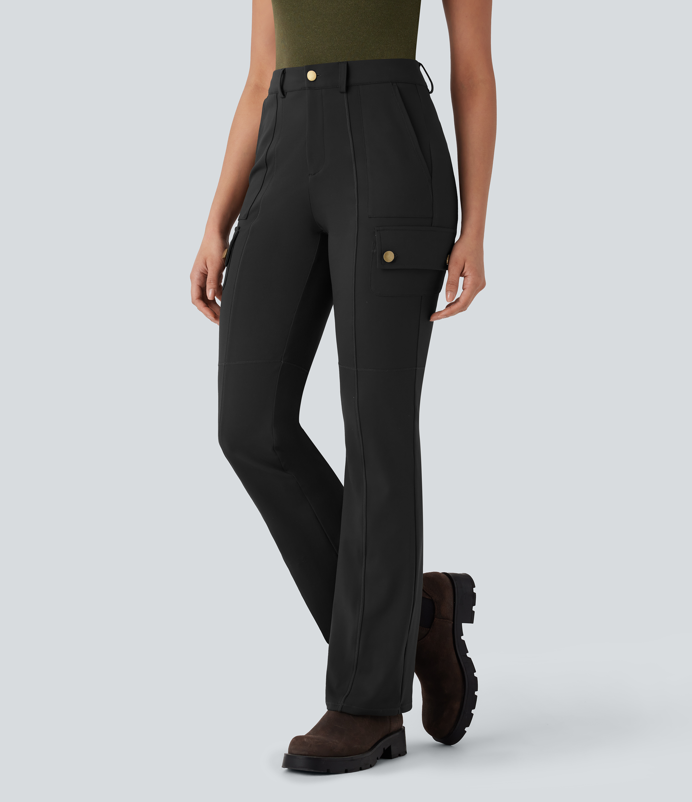 Mid Rise Pockets Hiking Cargo Bootcut Pants  - Black