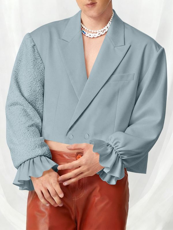 Men's Solid Color Plush Long Sleeve Blazer SKUL46255 - Blue / S