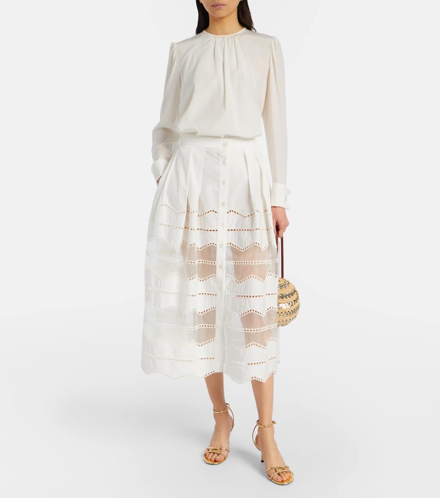 Organza-trimmed cotton midi skirt