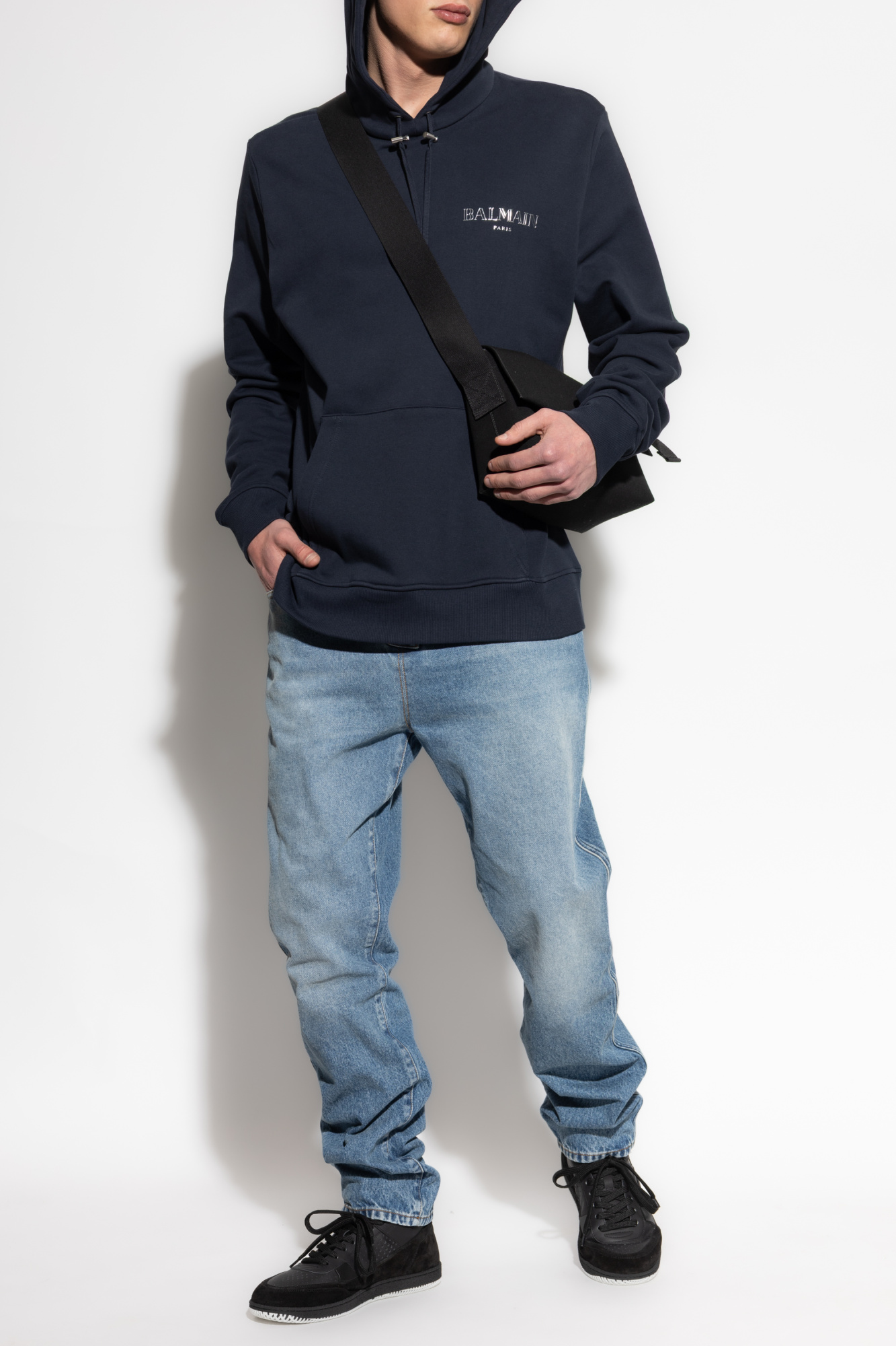 Balmain Hoodie, Men's, Navy Blue