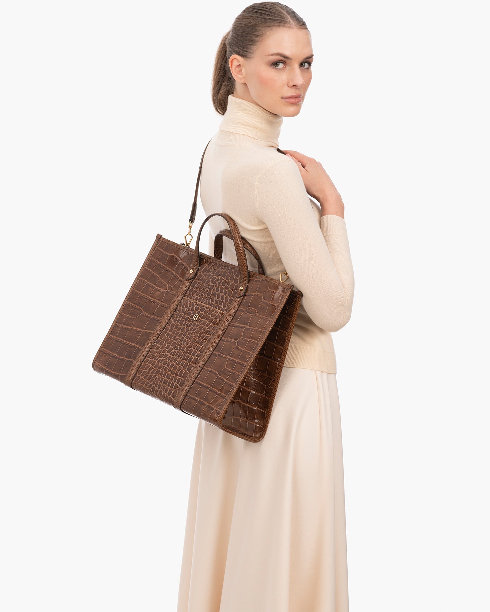TaTa Tote Bag - Black Embossed Calf Leather, Magnetic Snap Closure, Detachable Shoulder Strap, Canvas Lining, Laptop Compatible