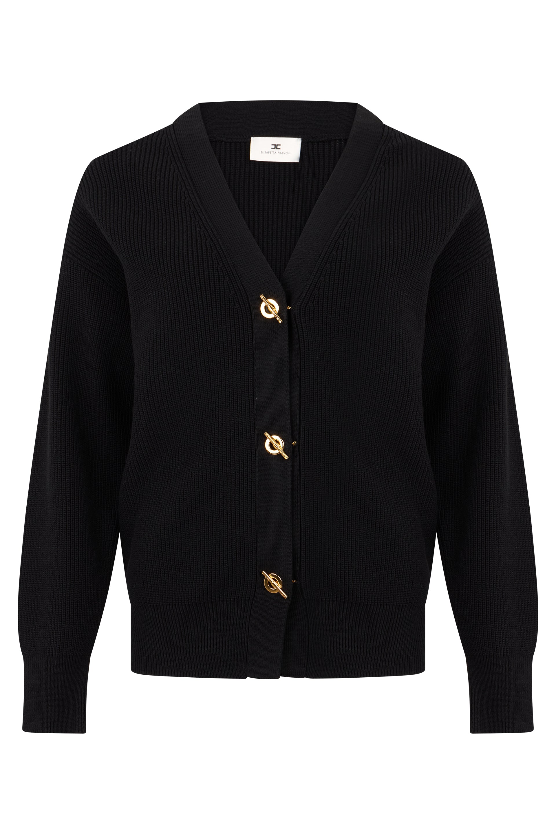 Sculpted Shawl-Collar Cardigan Knit with Five Metallic Hook Closures