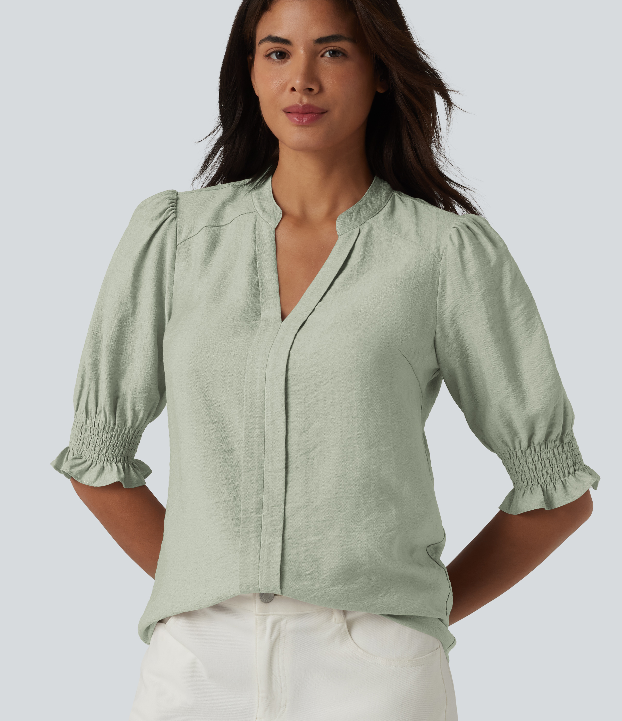 V Neck Puff Short Sleeve Casual Blouse  - Desert Sage