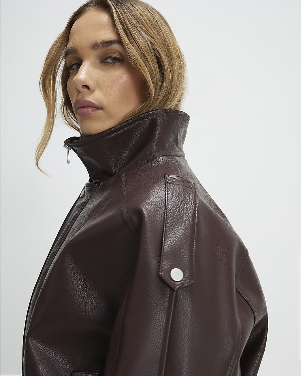 River Island Womens Jacket Brown Faux Leather Funnel Neck Batwing - Mediu