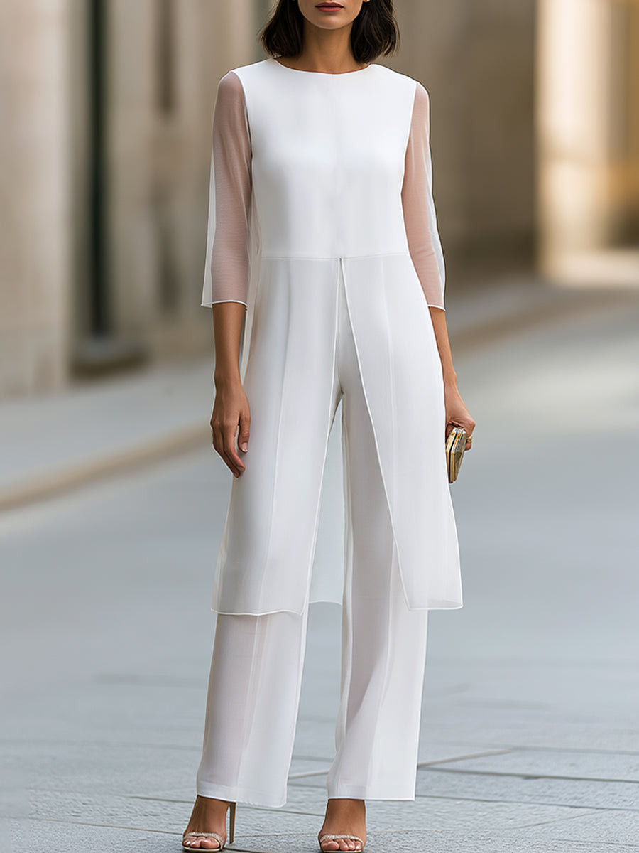 Two-Piece Set: Sheer-Sleeve Tunic Top & Wide-Leg Trousers - White