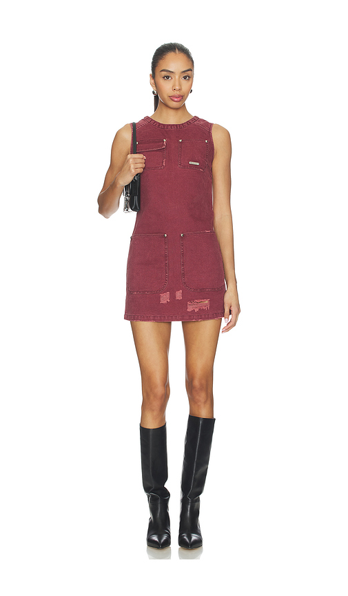 PRIVATE POLICY Distressed Canvas Dress in Burgundy. L. Also in M