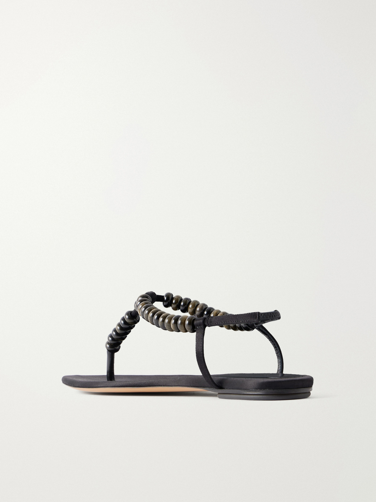 Beaded Leather Flat Sandals - Black