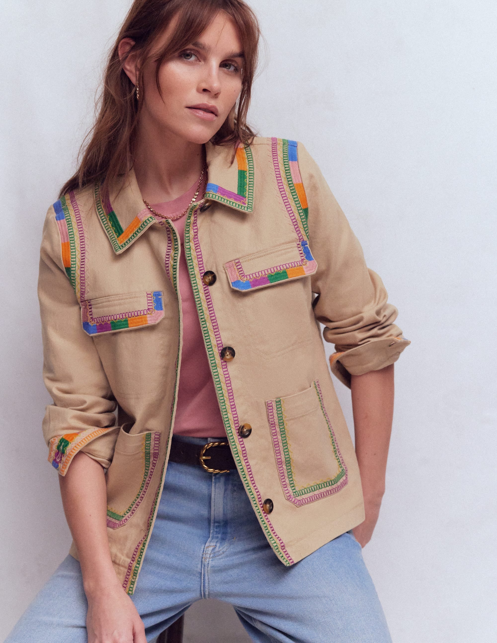 Women's Embroidered Utility Jacket in Natural | Size 2