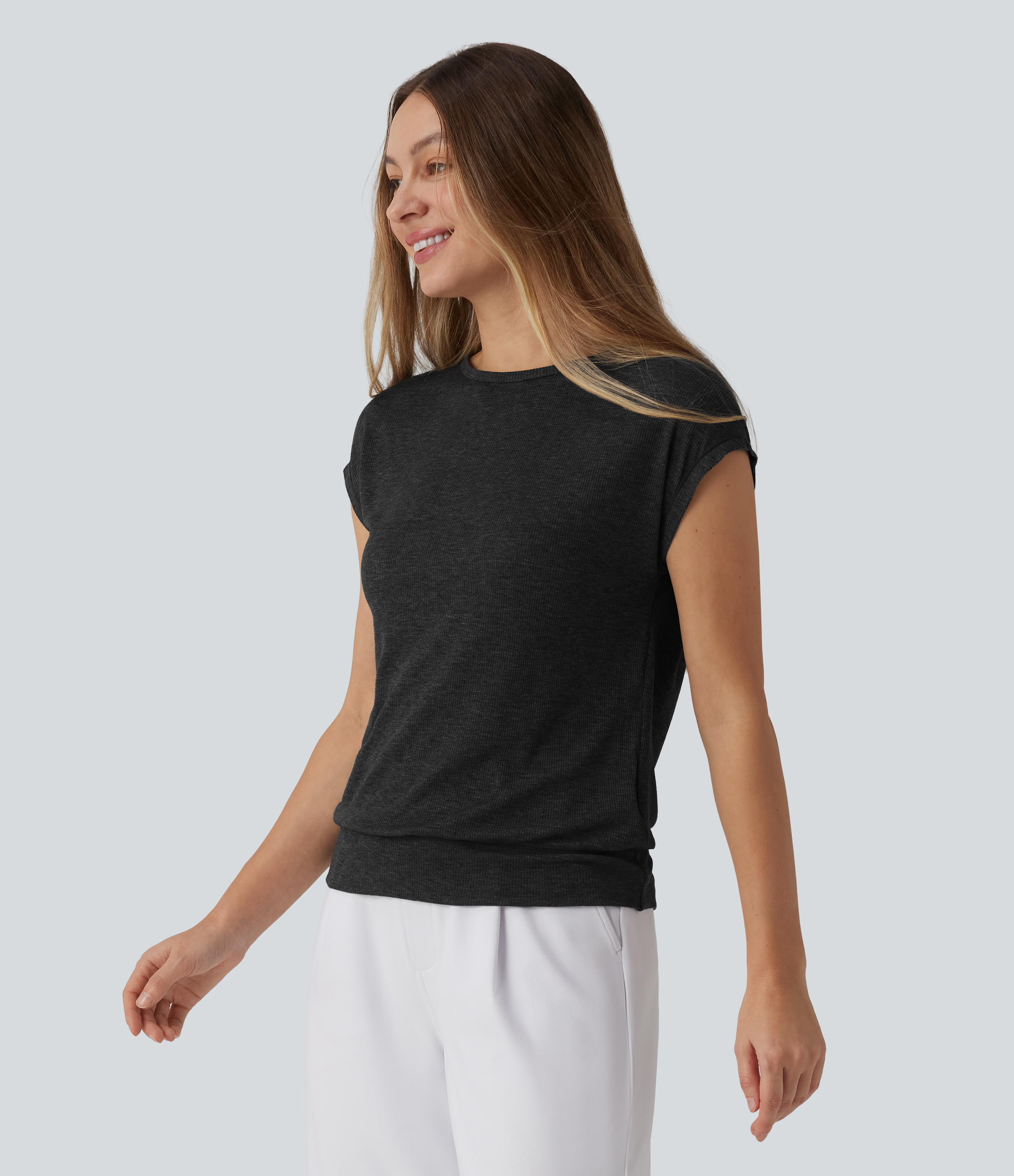 Halara Ribbed Knit Round Neck Cap Sleeve Work Wool-Blend Top - Black