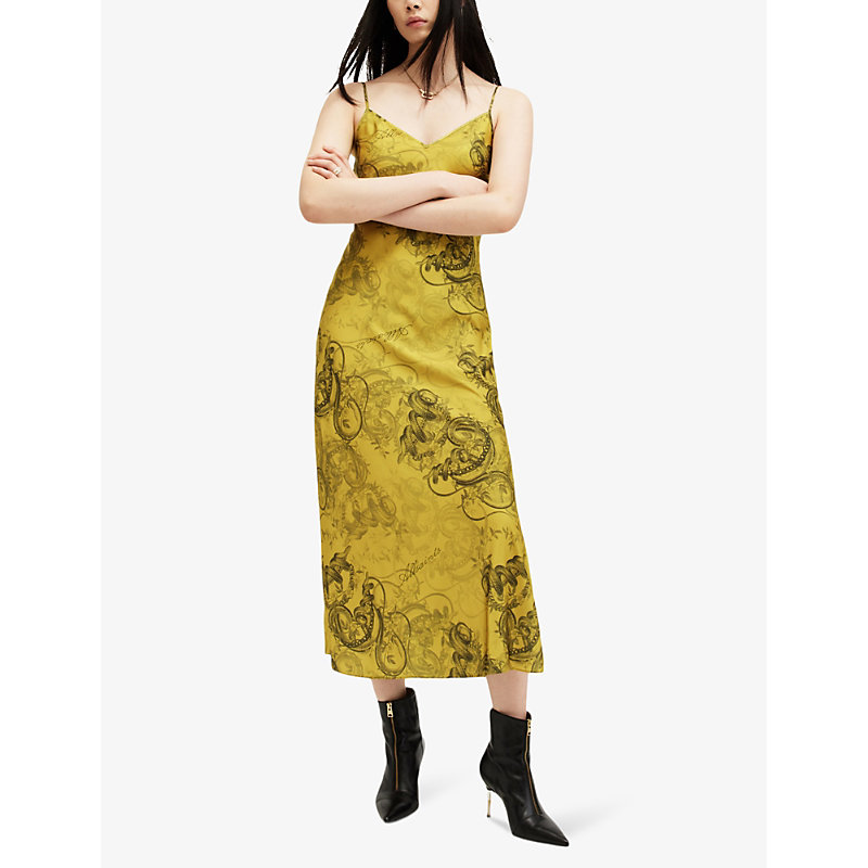 Womens Hele Gold Ye Tiana V-neck Sleeveless Stretch Recycled-polyester Midi Dress 12