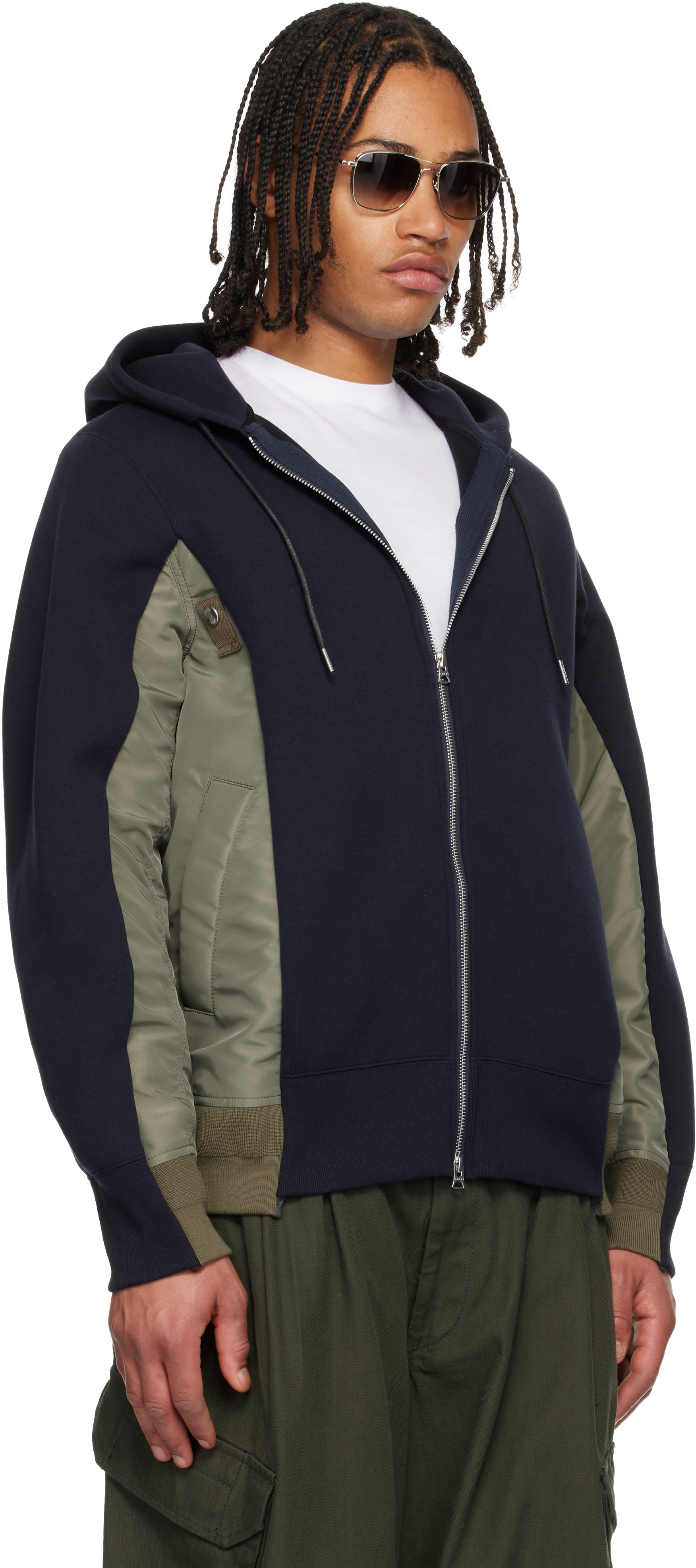 Navy & Khaki Sponge Sweat & Nylon Twill Hoodie