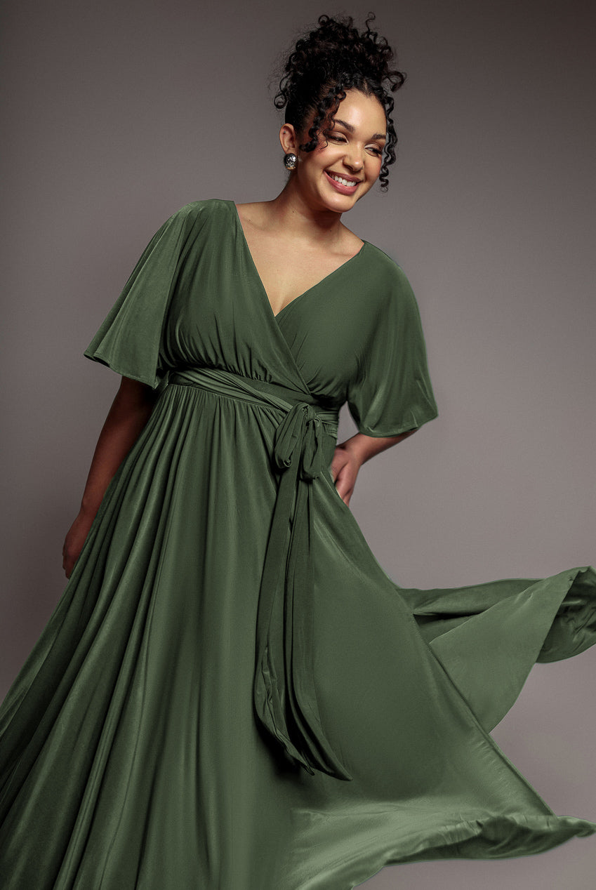 Goddiva Plus Wrap Front Maxi With Flutter Sleeves - Olive Green