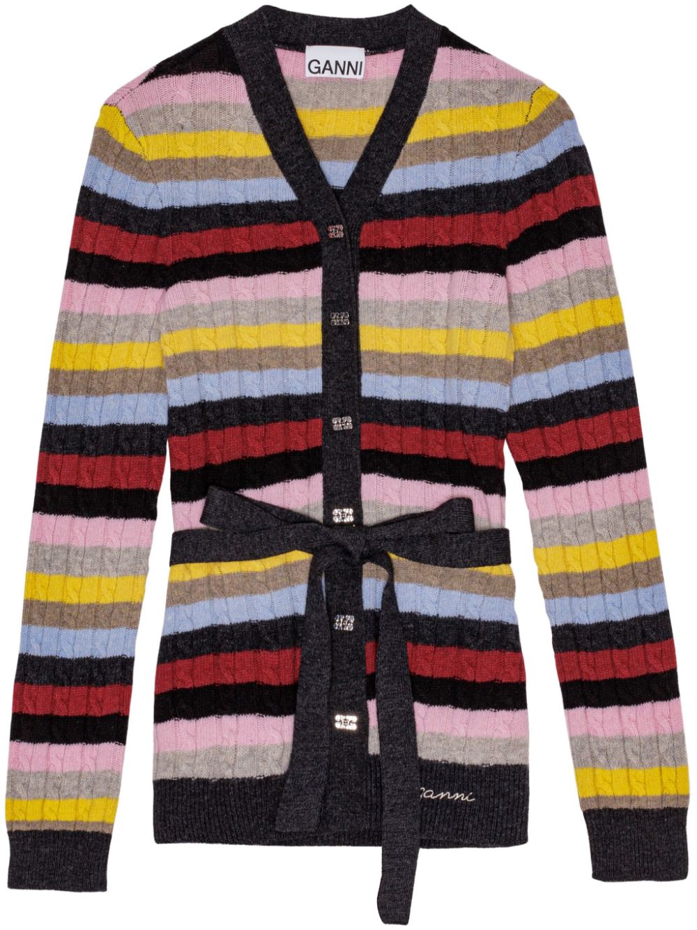 Logo-embroidered striped belted cardigan - Pink