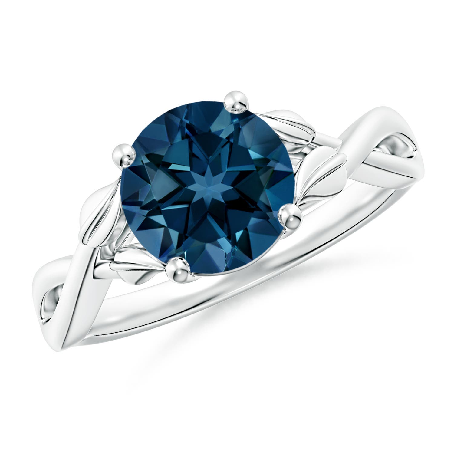 Angara 2.35 Carats Nature Inspired London Blue Topaz Crossover Ring with Leaf Motifs in Platinum