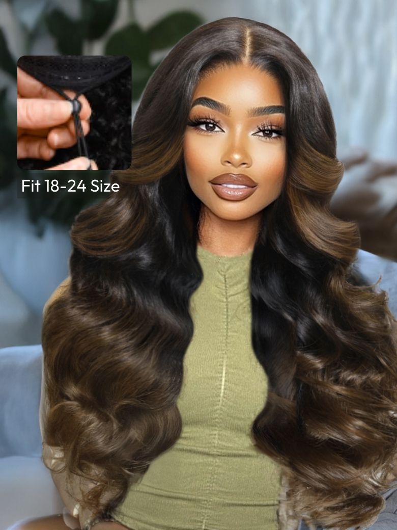 Invisi Drawstring EasiContour™ V Part Black to Chestnut Brown Ombre Body Wave Wig