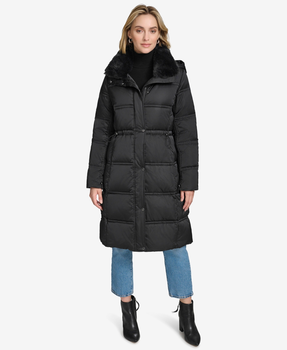 Women's Emery Luster Down Coat with Faux Fur Collar - Black