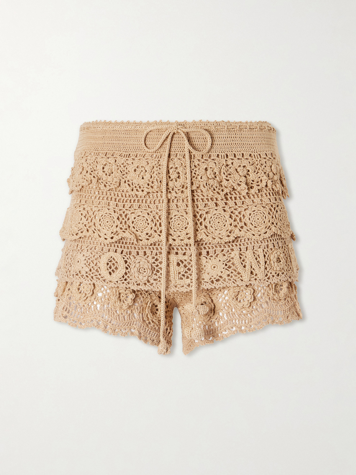 Ruffled Drawstring Cotton Crocheted-knit Shorts - Neutrals