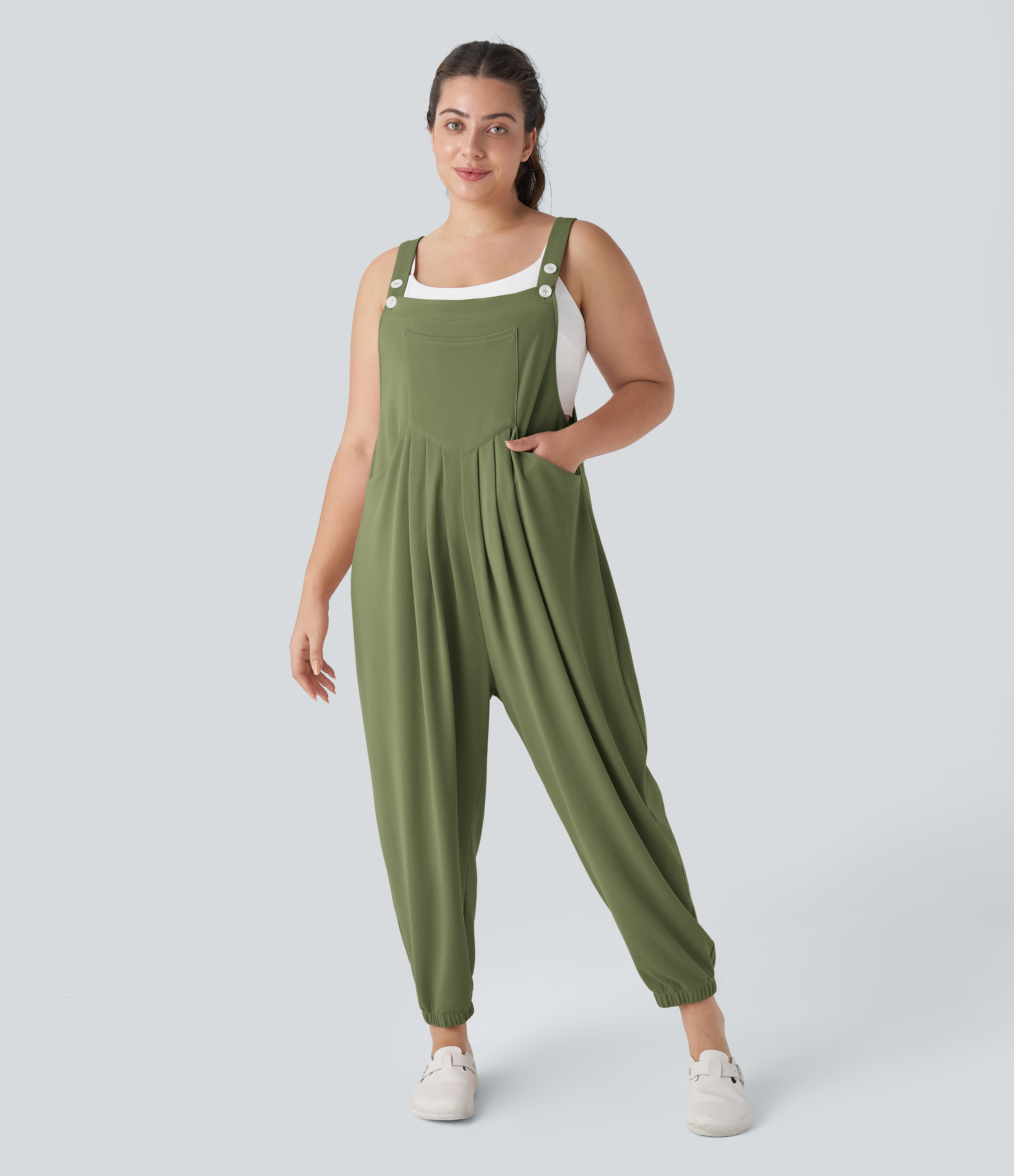 Pockets Waffle Casual Plus Size Jogger Overalls  - Loden Green