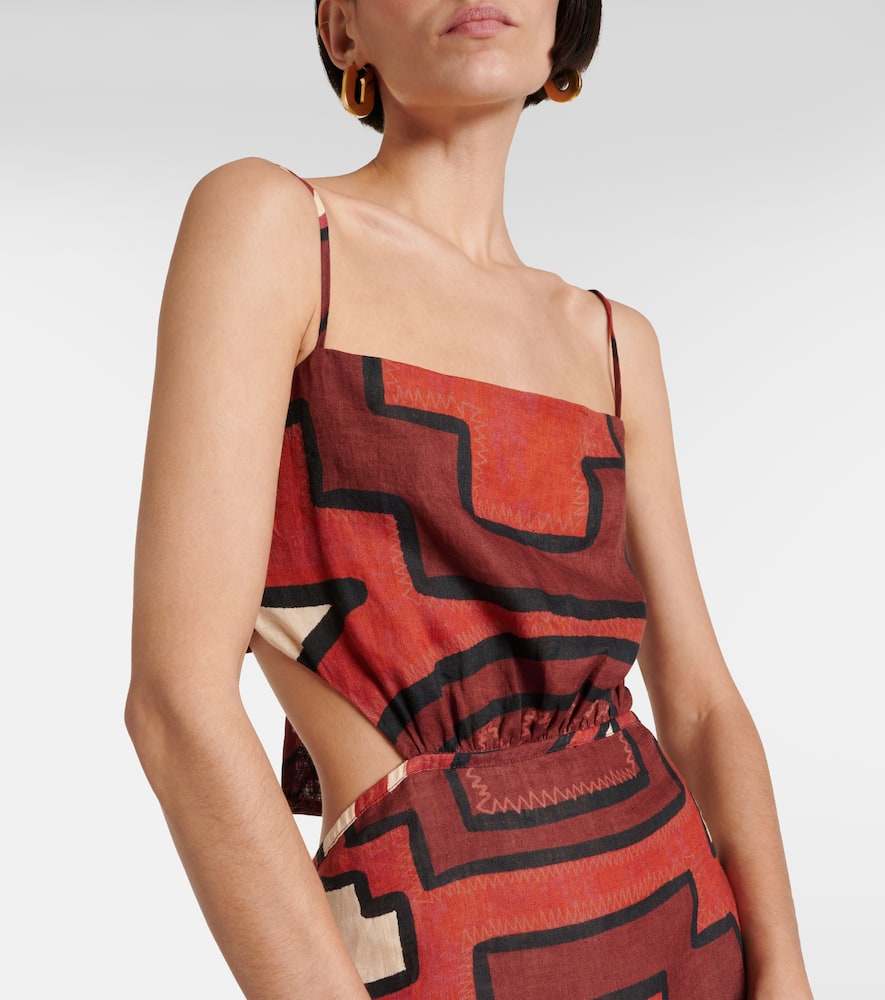 Printed cutout linen midi dress