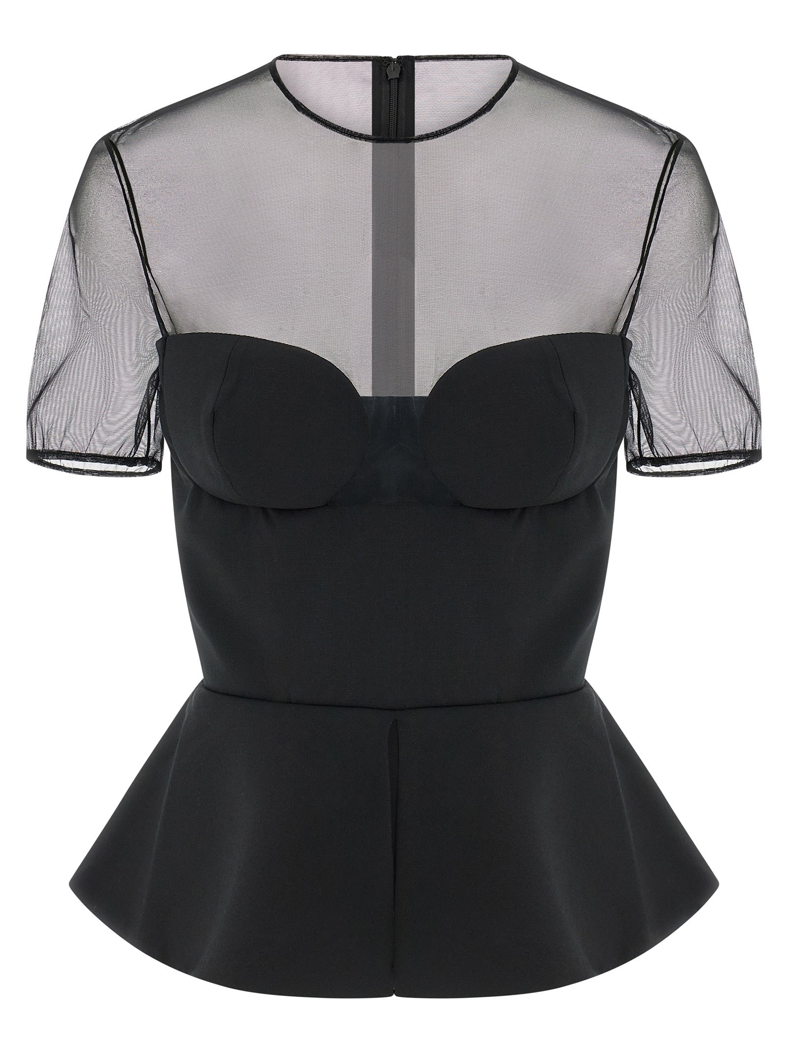 Virgin Wool Bustier with Sheer Neckline Blouse — Black