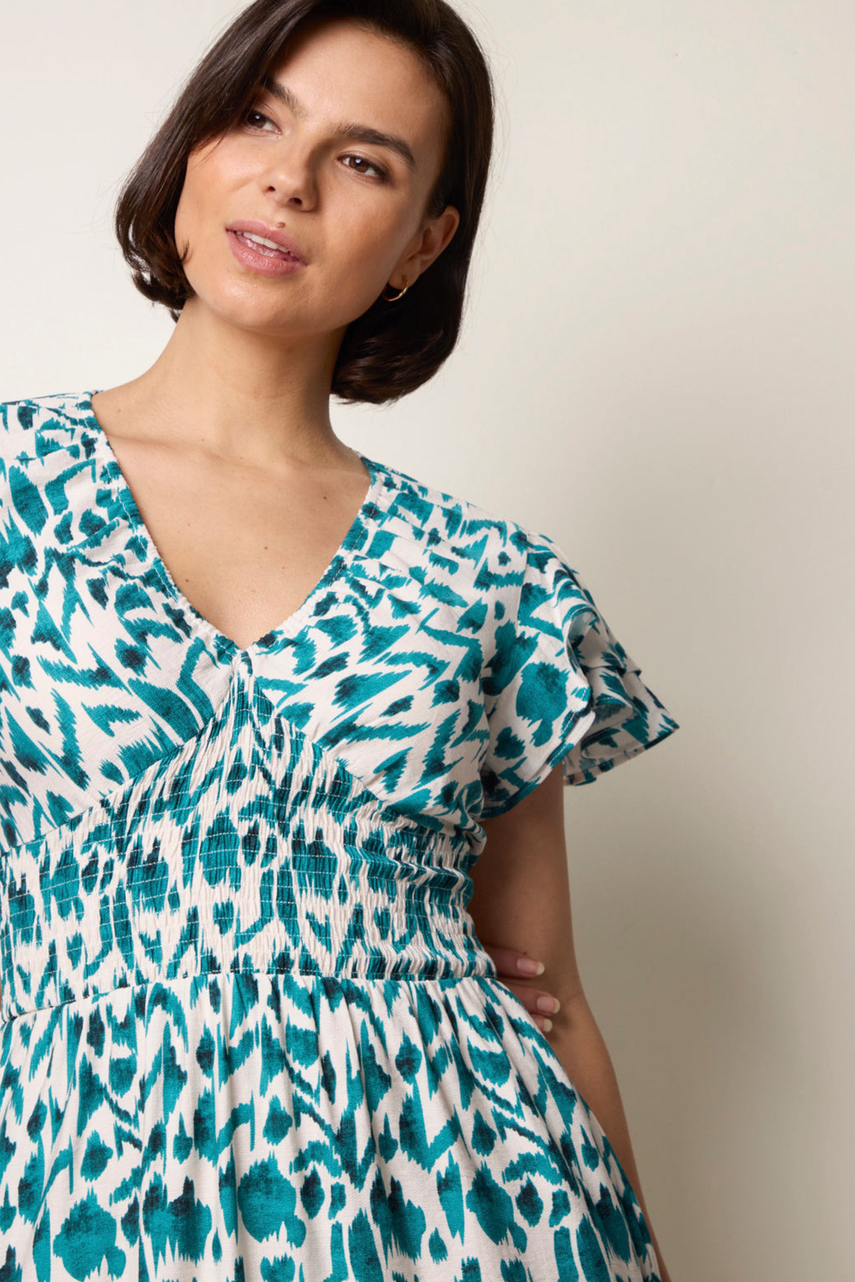 Blue Vanilla Women's Shirred Waist Teal Short Sleeve Slip On V-neck Midi Dress | : Sma