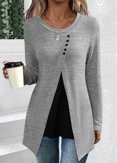Modlily Grey Asymmetry Long Sleeve Round Neck T Shirt