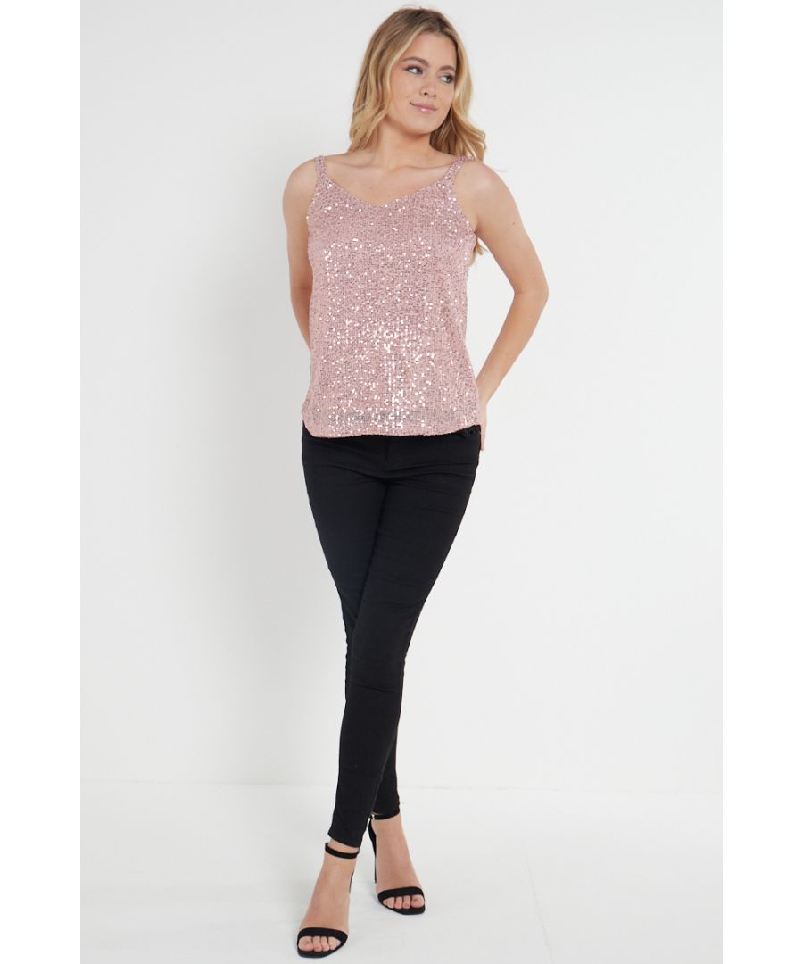 Gini London Womens Sequin V Neck Cami Top - Blush - Medium/Large
