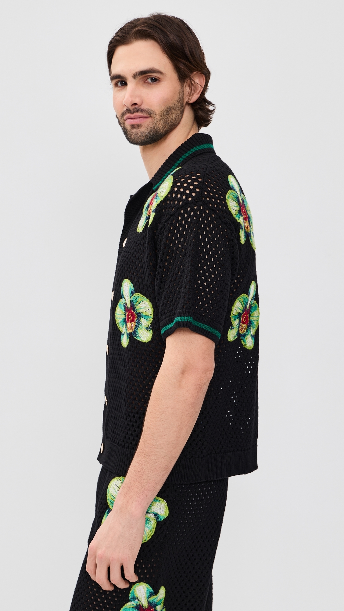 Glitch Orchid Embroidered Crochet Shirt Black