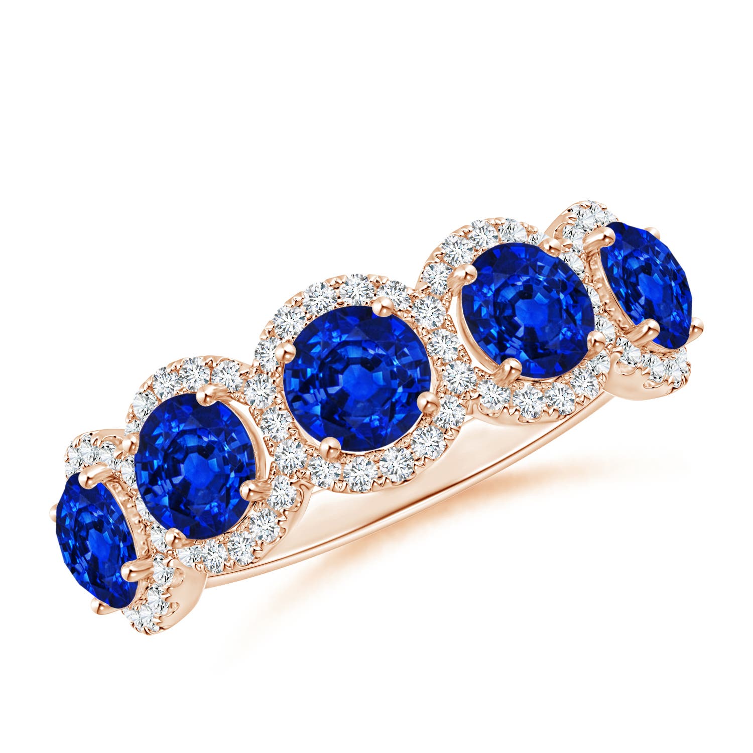 Angara 2.3 Carats Half Eternity Five-Stone Sapphire Halo Ring in 14K Rose Gold