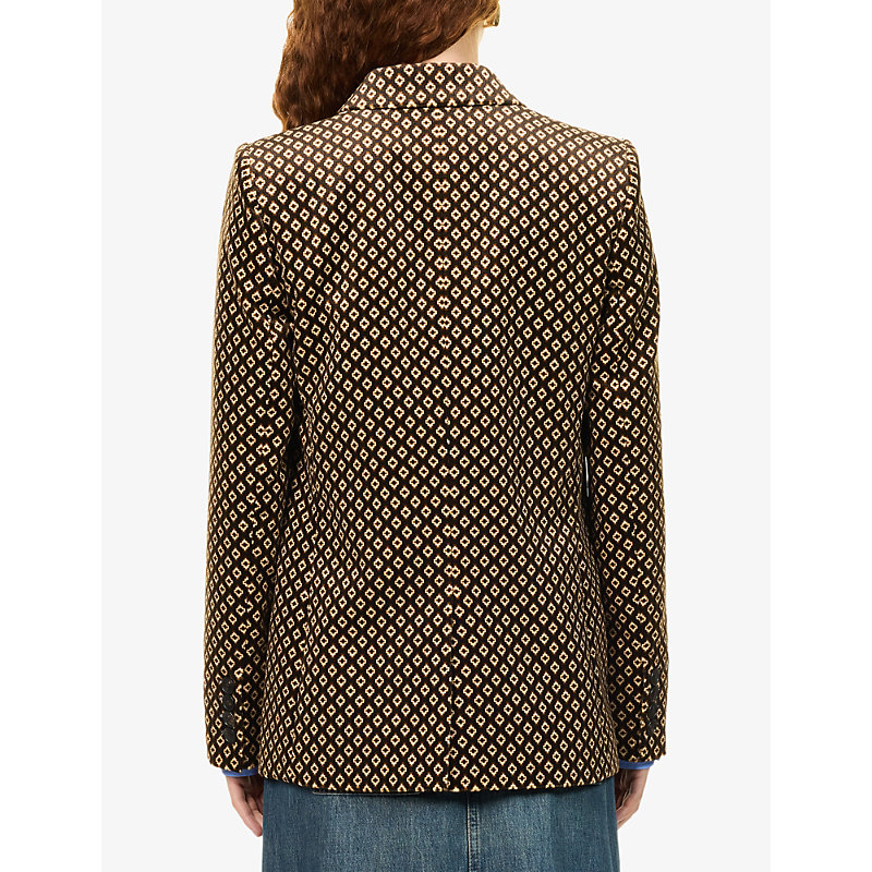 Womens Sharp Shoulder Geometric-Print Velvet Blazer
