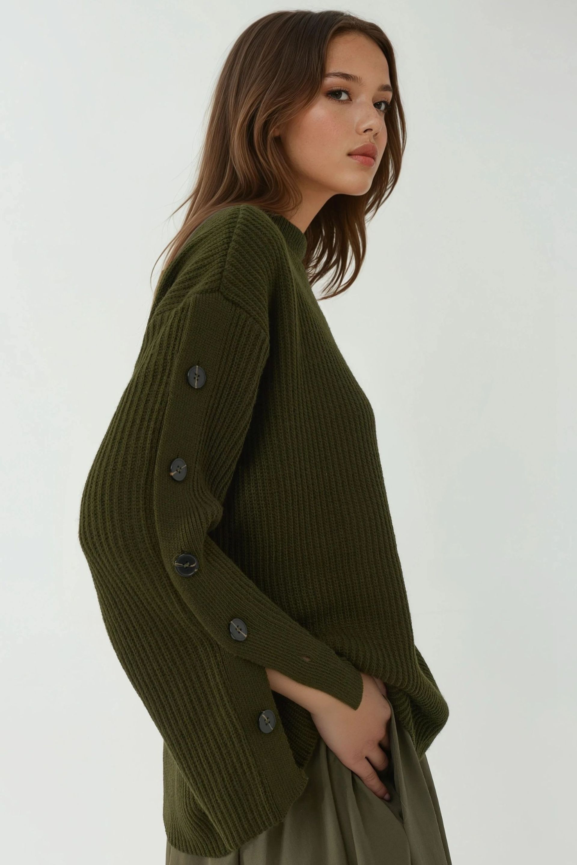 Green Thick Knit Slit And Button Detailed Sweater Women