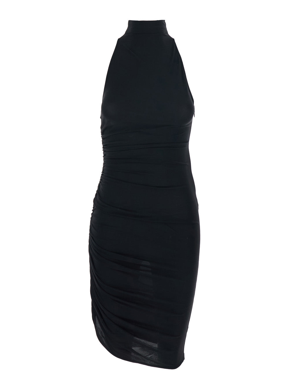 High-Neck Ruched Viscose Dress — Black