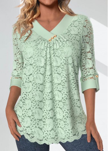 Modlily Light Green Lace 3/4 Sleeve V Neck Blouse