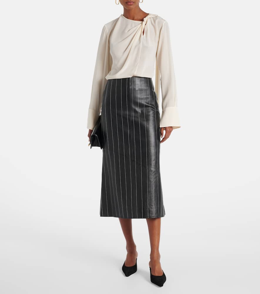Embroidered leather midi skirt