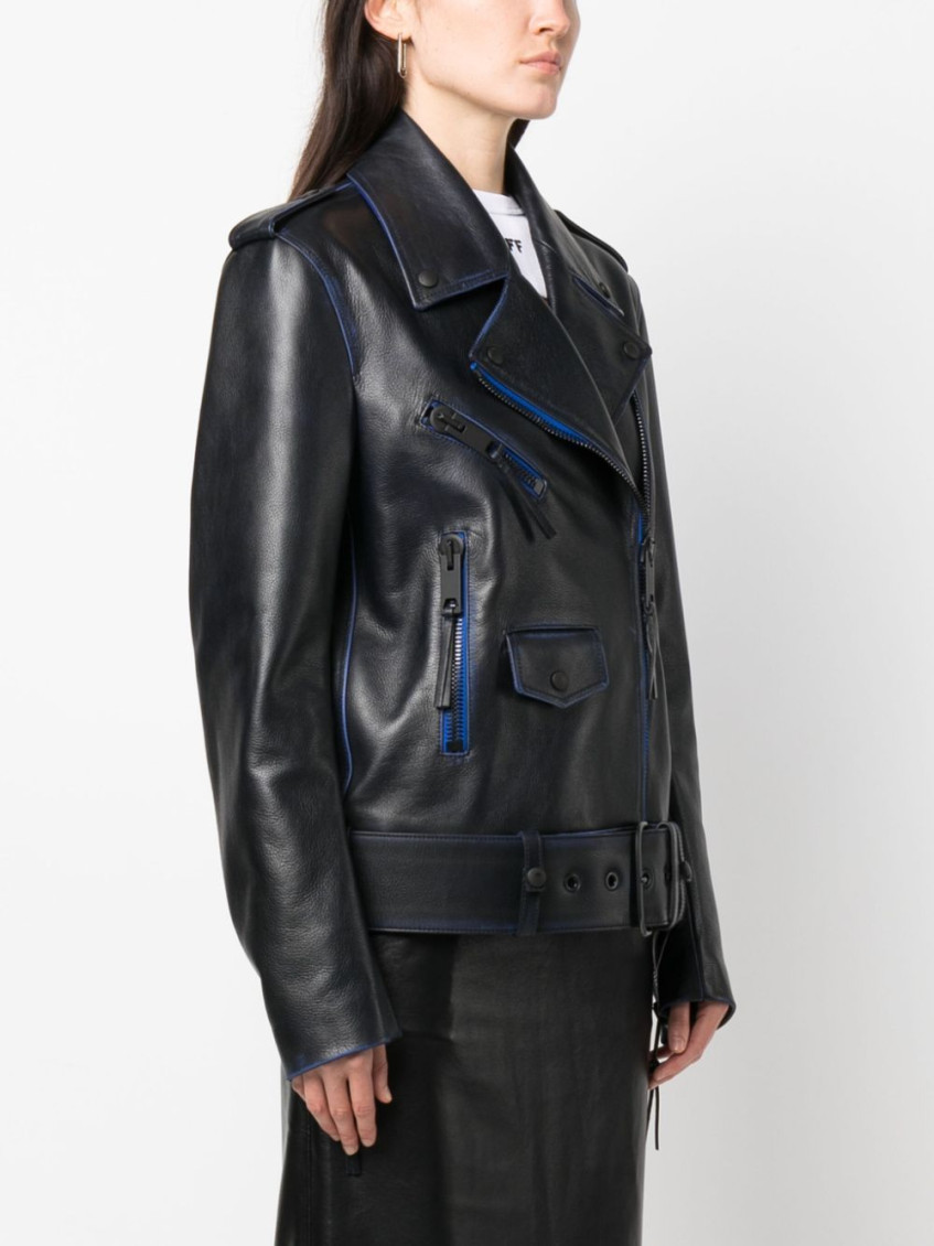 Contrast-trim leather jacket - COBALT BLUE WHITE