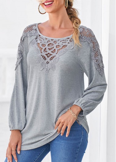 Modlily Grey Marl Long Sleeve Lace Panel T Shirt