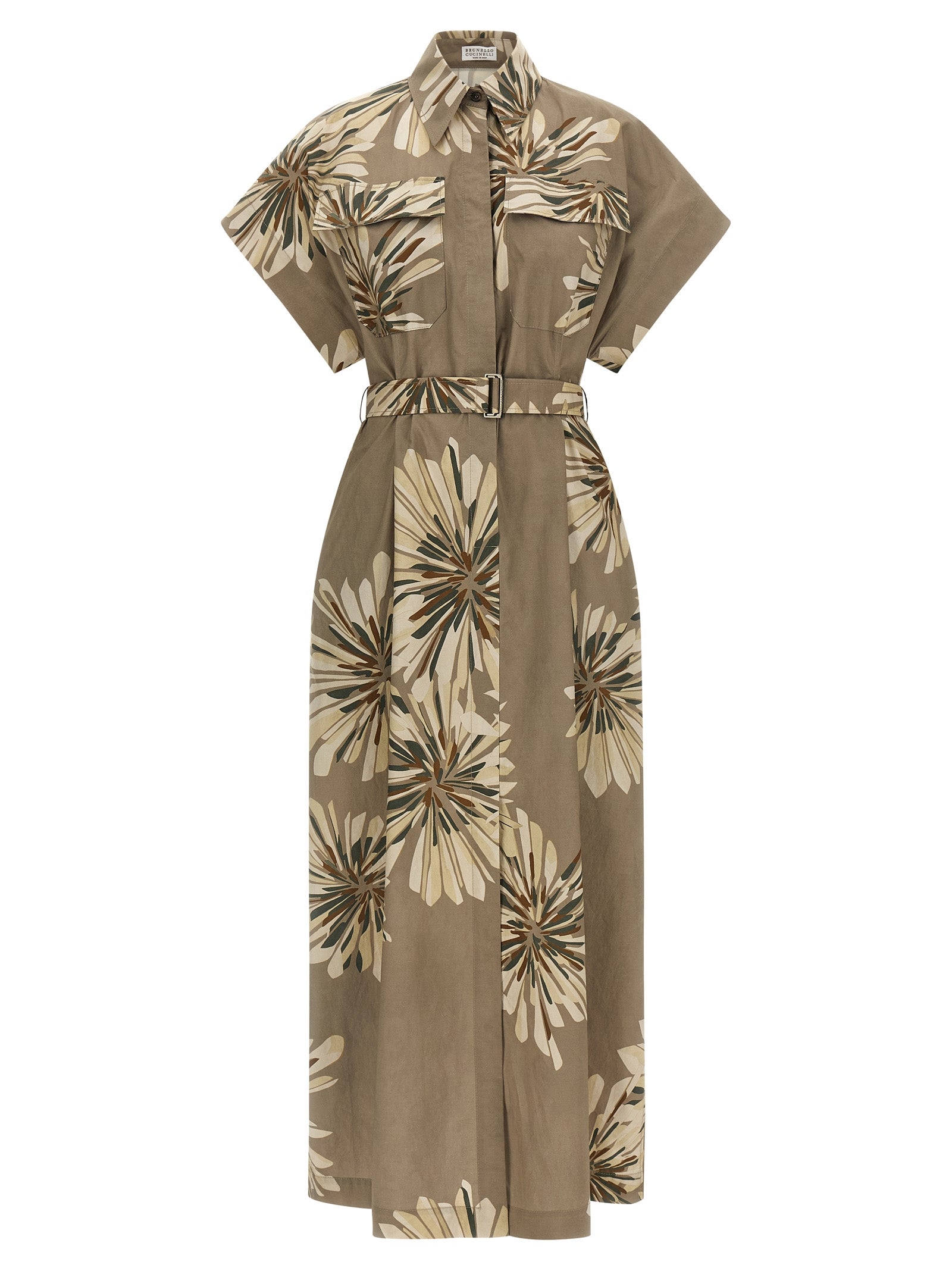 Floral-Print Cotton Dress — Beige