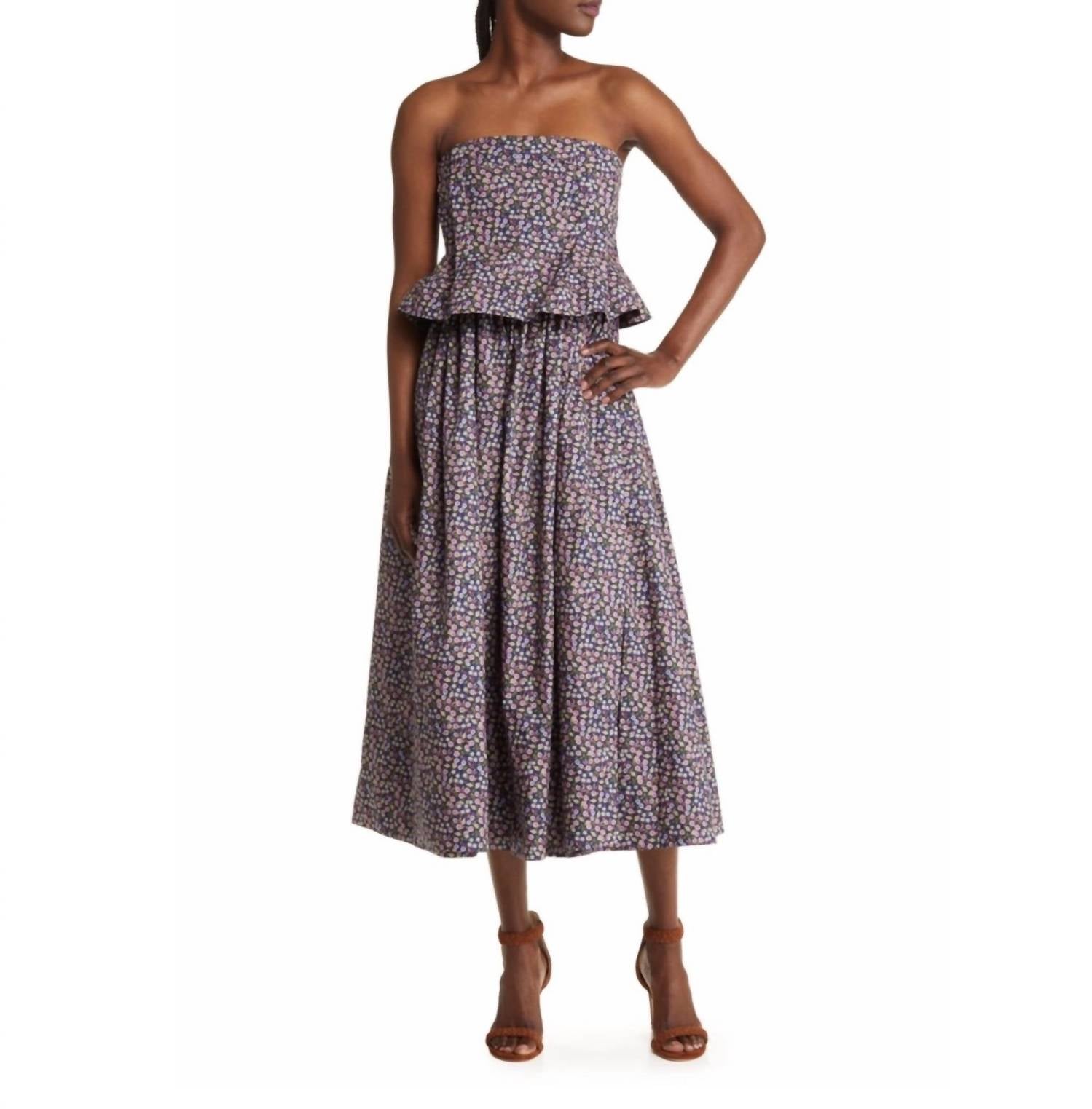 Women's Floral Ditsy Pintuck Peplum Strapless Midi Dress In Multi