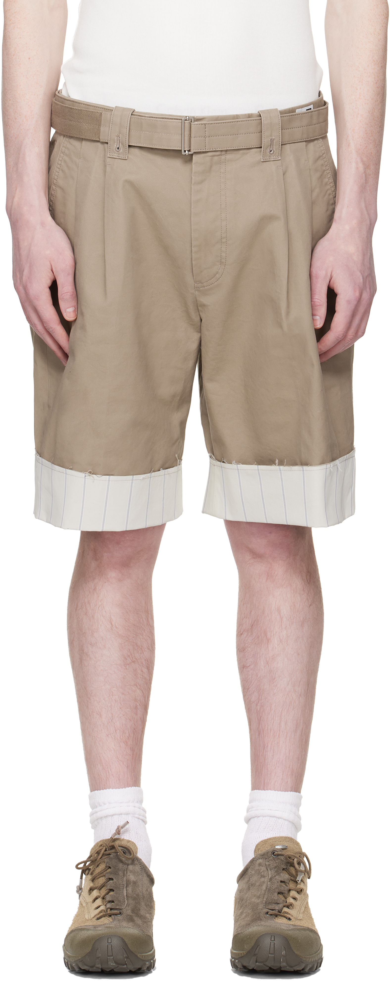 Beige Stripe Detailed Shorts