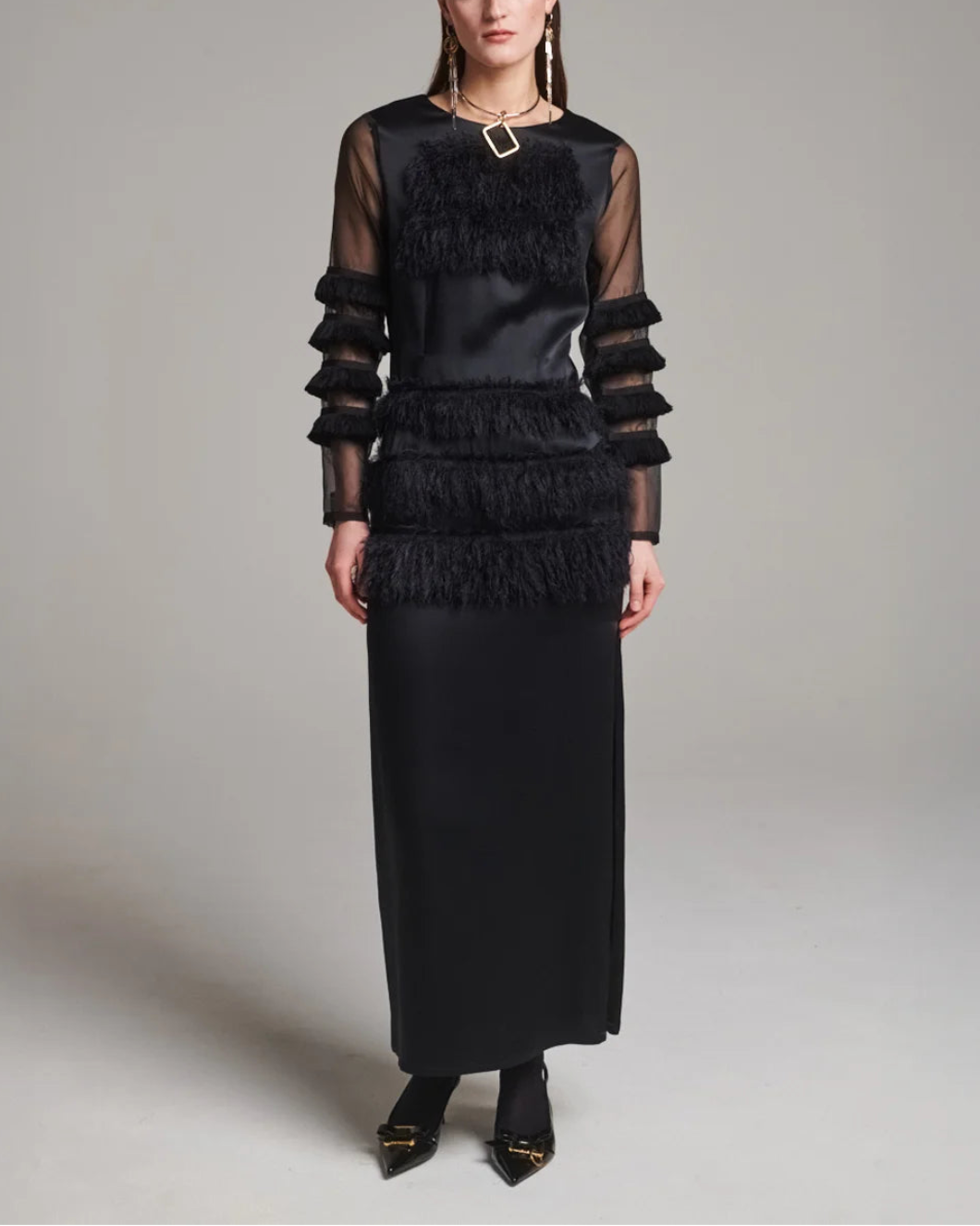 Combined Fringe Satin Dress