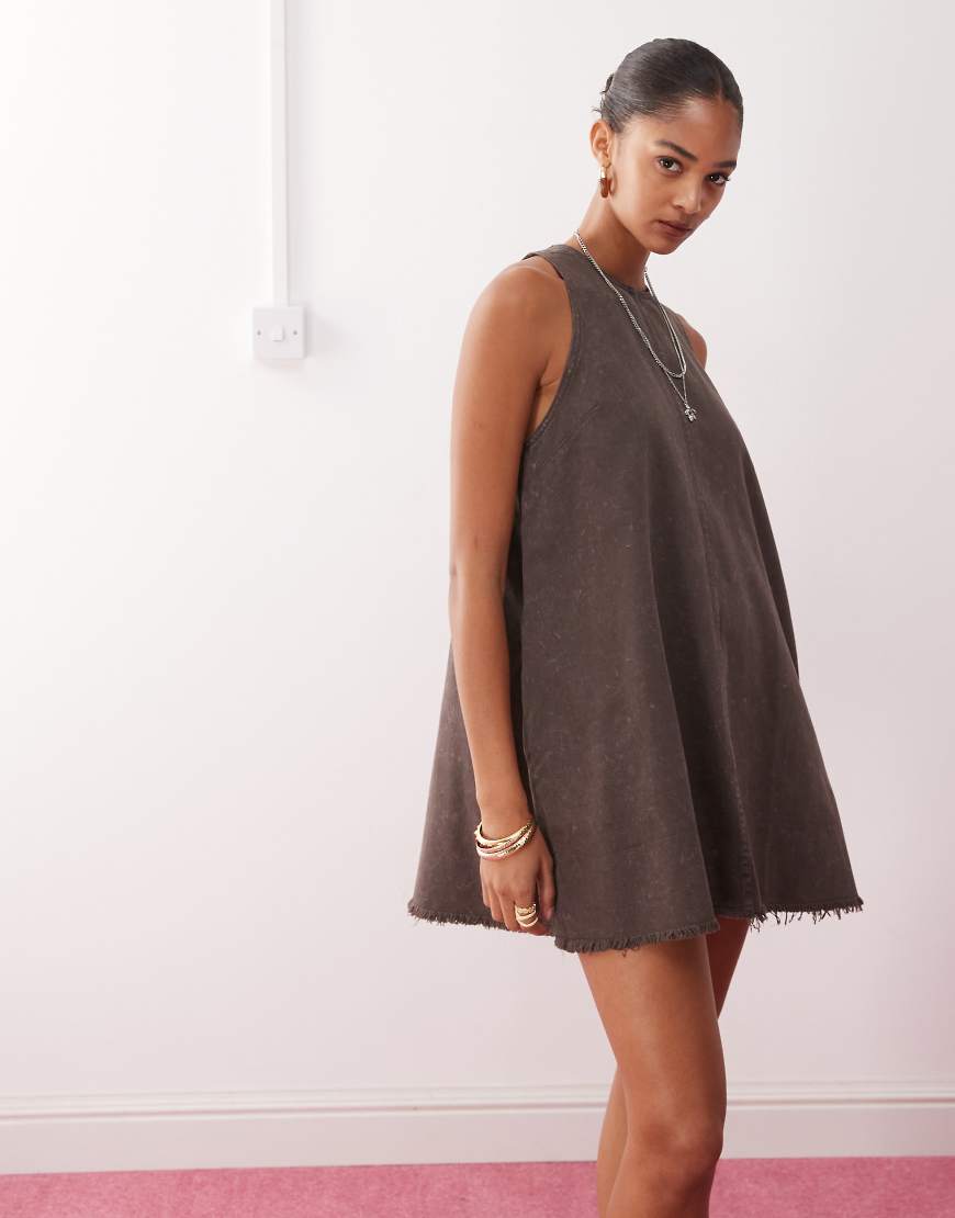 Sleeveless a line mini dress with frayed edge in dark brown