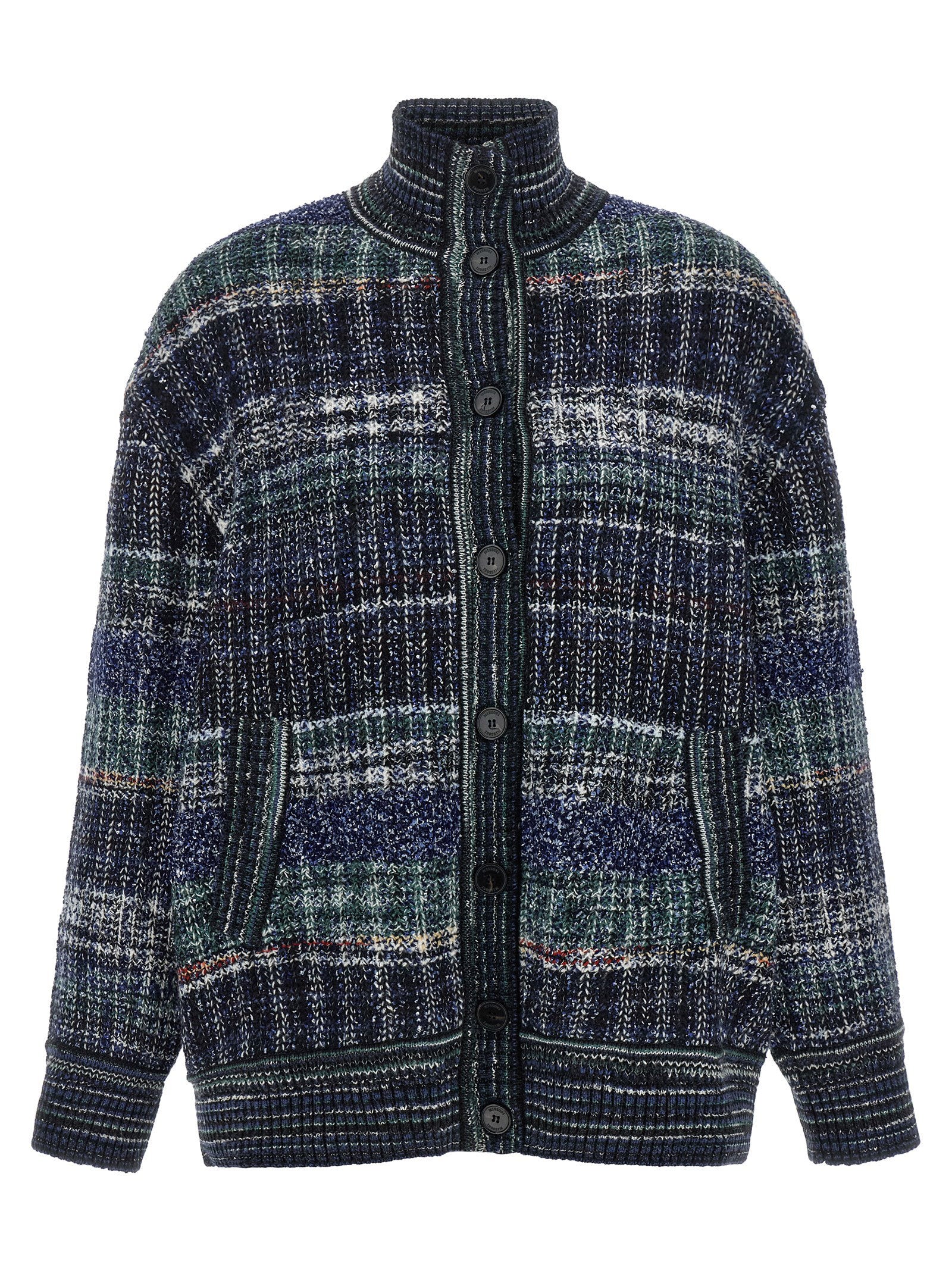 Check Wool Cardigan — Navy