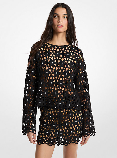 Mirror-Embellished Floral Crochet Top