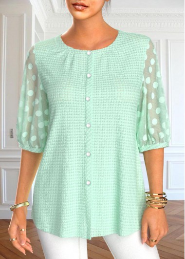 Modlily Mint Green Mesh Half Sleeve Round Neck Blouse