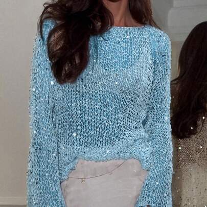 Women Sequin Crochet Sheer Mesh See Through Pullover Tops Shiny Long Sleeve Hollow Out Fishnet Knit Sparkly Top