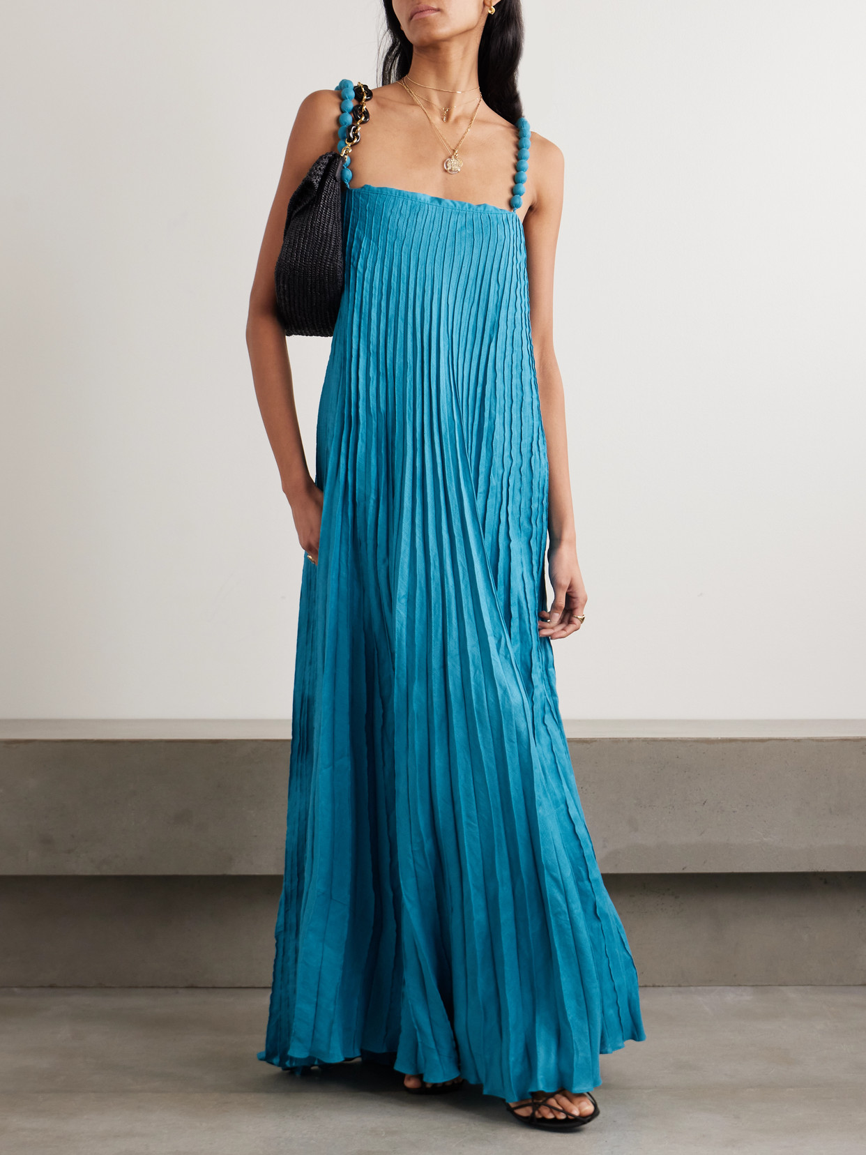 Un Ritmo Bead-embellished Plissé-linen Maxi Dress - Blue